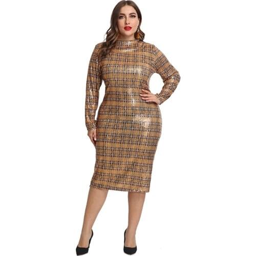 Plus Size XL-5XL Women Party Plaid Sequined Dress Bodycon Club Sheath Long Sleeve Ladies Midi Glitter Dresses Feminino Vestidos