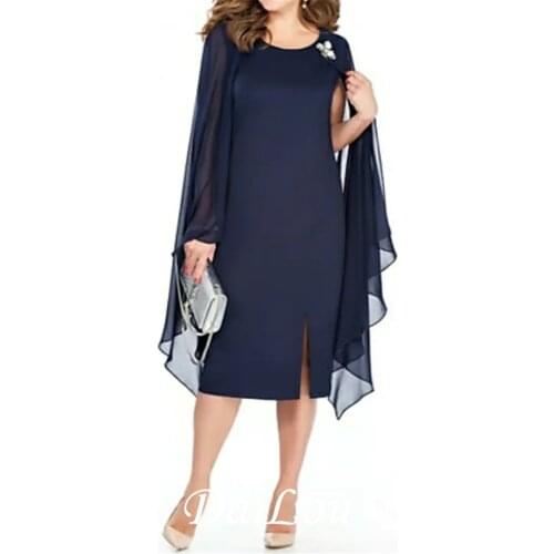 Sheath / Column Mother of the Bride Dress Plus Size Jewel Neck Tea Length Chiffon Long Sleeve with Crystal Brooch 2021