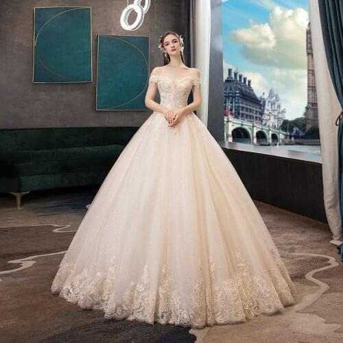 Ezkuntza 2021 New Luxury Champagne Colorful Wedding Dress For Women Boat Neck Noble Embroidery Beading Shining Vestidos De Novia