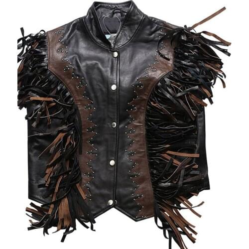 Genuine Leather Vest Top Layer Sheepskin Fringed Rock Streamer Rivet Motorcycle Vest Punk Style Leather Vest Jacket