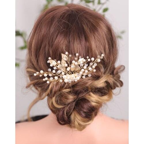 Gold Leaf Hair Comb Shiny Crystal Pearl Headdress Classic Banquet Hair Pins Beautiful Bride Wedding Accessories