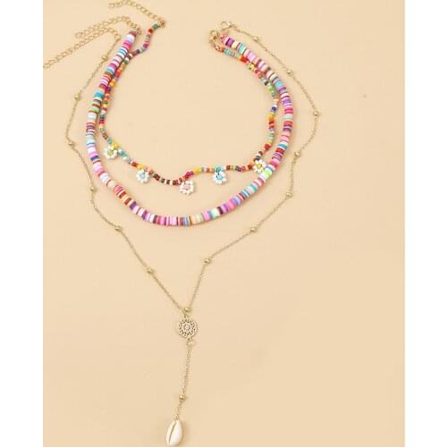 3 Pcs/Set Bohemian Multicolor Polymer Clay Glass Beaded Chokers Necklaces Women Fashion Gold Long Chain Shell Pendant Necklace