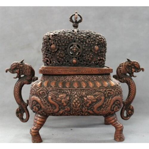 Fast shipping USPS to USA S1365 11" Tibet Red Bronze Flower Dragon Unicorn Statue Vajra Incense Burner Censer