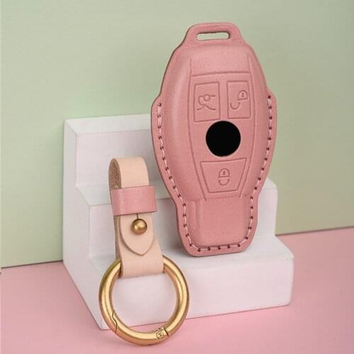 Pink Cow Leather Car Key Case Cover For Mercedes Benz W203 W210 W211 W124 W202 W204 W212 CLA GLC AMG Key Bag Holder Chain