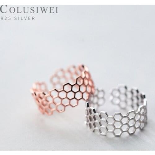 COLUSIWEI Fashion Geometric Honeycomb Ring for Women Real 925 Sterling Silver Open Adjustable Finger Rings Female Fine Jewelry