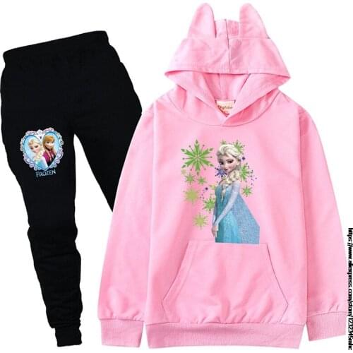 Disney 2-15Y Boy Girl Casual Set Children Frozen Elsa Long Sleeve Hoodie+ Pants 2 Piece Kids Anime cartoon Fashion Sports Hoodie