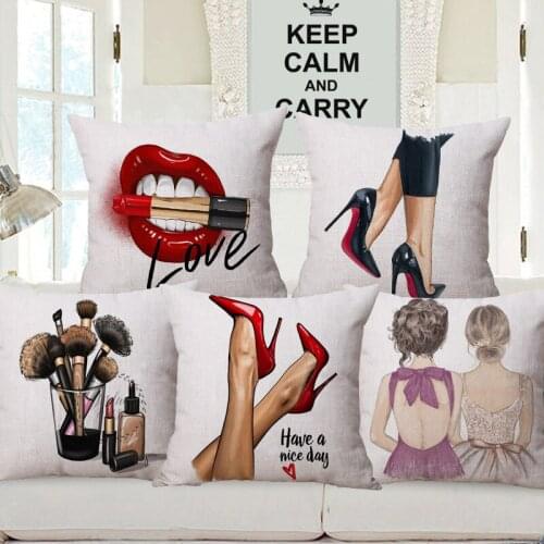 Perfume Bottle Reds Lips High Heel Shoes Cushion Covers Modern Fashion Home Decorative Linen Pillow Case New