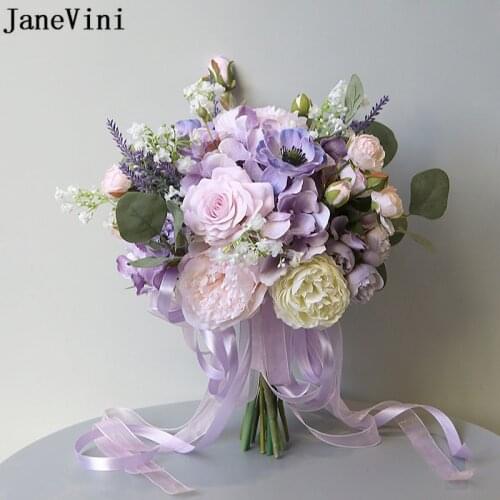 JaneVini Purple Wedding Bouquet for Bride Artificial Flowers Rose Peonies Handmade Pink Faux Bridal Bouquet De Fleur Bridesmaid