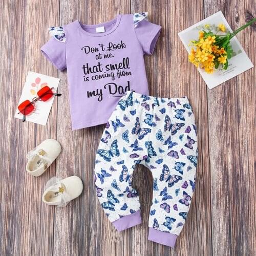 Baby Newborn Letter Printed Summer Clothing Set Purple T Shirt with Butterfly Printed for Kids Infant 0-18M