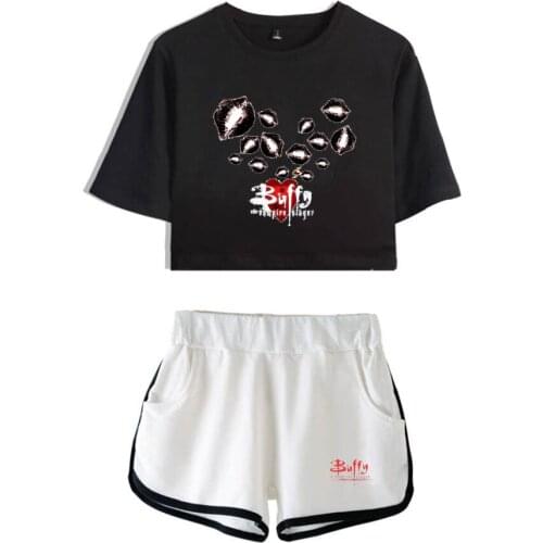 Kawaii Buffy The Vampire Slayer Two Piece Set Summer Sexy Cotton T Shirt Woman New Suit Shorts Crop Fashion Shorts Y2K Girl Suit