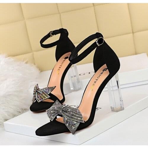 Meriahzheng Fashion Summer Party Womens Shoes Transparent Heel Open Toe Suede Word with Rhinestone Bow High Heel Sandals DS