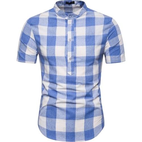 2019 New Mens Plaid Printed Short Sleeve Shirt European Stand Collar Shirt 9712