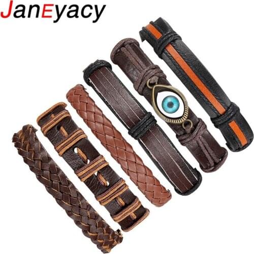 Janeyacy 1 Set 6PCS Fashion Multi-Layer Punk Eye Bracelet Mens Alloy Pendant Beads Mens Handmade Jewelry Leather Bracelet
