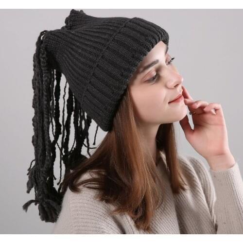 Pure Color Knitted Hat Female New Style Autumn Winter Straight Striped Warm Hat Dreadlocks Decoration Street Style 55-65CM Cap