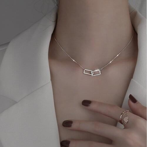Shiny Zircon Double Rectangle Pendant Necklace Women Geometric Elegant Rhinestone Choker Necklaces Wedding Party Jewelry