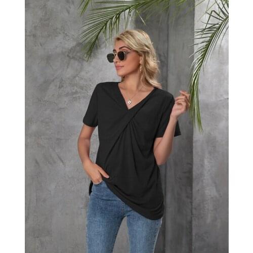 Sexy V-neck Solid Color Knotted Short-sleeved Pullover Ladies Blouse Summer Fashion New Casual Slim Sweet Style Top For Women