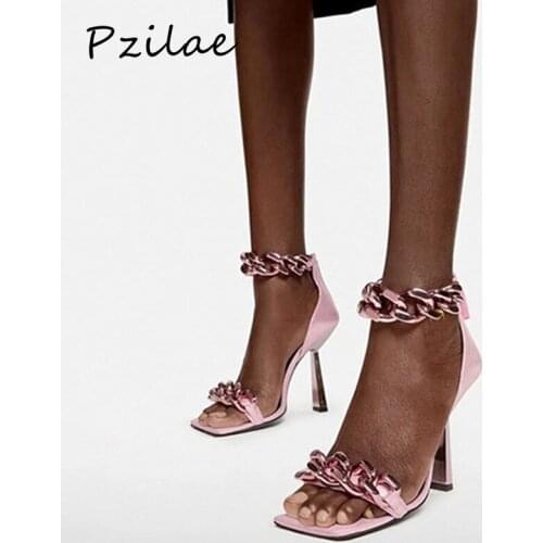 Pzilae New Summer Ladies Fashion High Heels Sandals Womens Sexy Pumps Chain Square Toe Women Shoes Female Sandals Plus Size 42