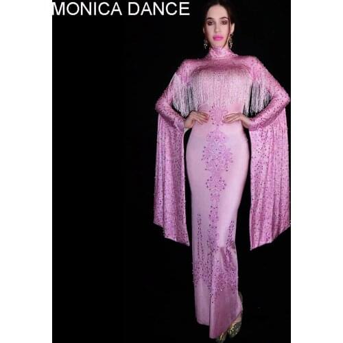 Sexy Stage Sparkly Pink Rhinestone Fringe Spandex Long Dress Birthday Celebrate Prom Party Outfit Women Dancer Stage Dresses
