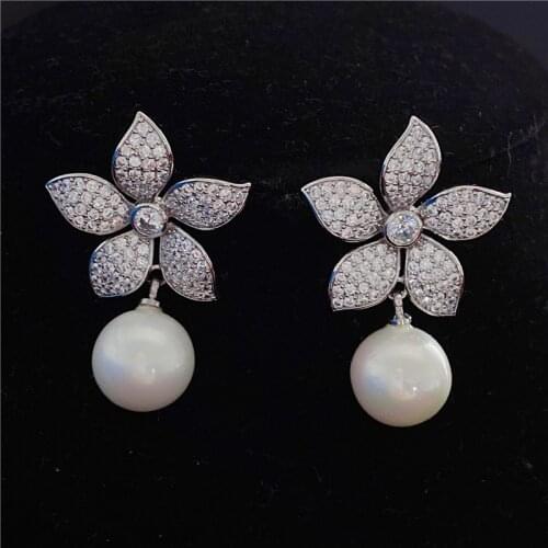 Fashion Simulated Pearl Flower Cubic Zirconia Earring Women Stud Earrings for Wedding Jewelry pendientes mujer mod 2020