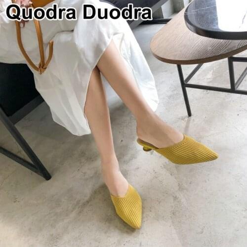 Spring Autumn Women Slippers Hoof Heels Pointed Toe Weave Mules Yellow Shoes Outside Slip On Shoes Party Casual Shoes Size 34-43