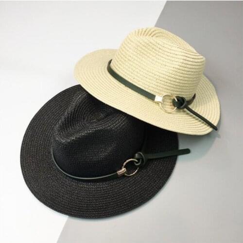 Seioum Summer Hats For Women Sun Hat Leather Gold Chain Belt Floppy Beach Wide Brim Straw Panama Hat Female Cap