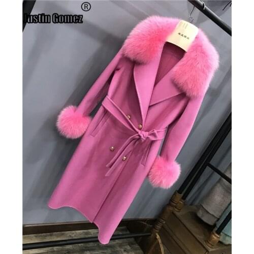 Rocking Stunning Natural fox fur Trim real Lamb WOOL trench coats plus size autumn winter fur coats abrigo mujer