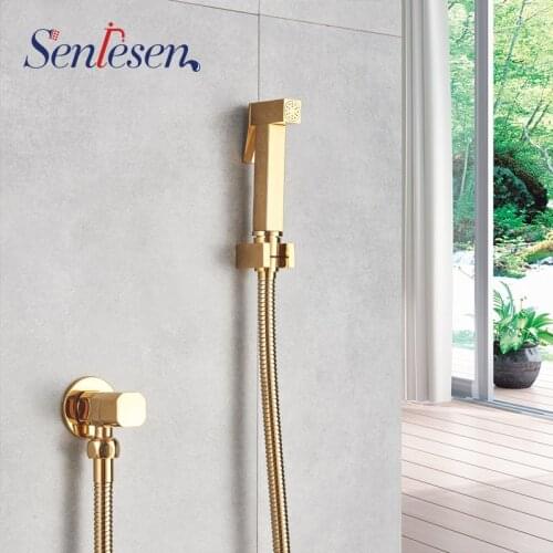 SENLESEN Bidet Faucet Golden Polished Brass Sprayer Nozzle Hot and Cold Mixer Tap Wall Mount Para Bathroom Cleaning Faucet