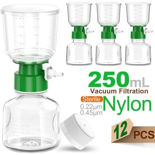 12PCS Sterile Bottle Top Vacuum Filtration with 0.22/0.45μm Nylon Membrane for Lab, 250ml Funnel + 250ml Receiver by Ks-Tek