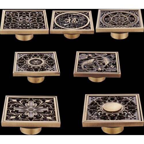 10*10cm Euro Style Antique Brass Flower Art Carved Euro Floor Drains Square Floor Drain Strainer Dropshipping
