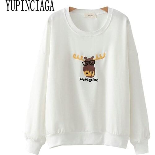 YUPINCIAGA Sweet Preppy Style Cartoon Alphabet Embroidery Girls Loose O-Neck Long Sleeve Sweatshirts Women Pullover For Femme
