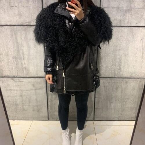 Lamb jacket lady leather fur collar splicated with down