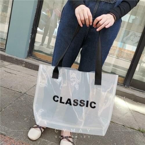 Custom Women Fashion Translucent Plastic Handbag Waterproof Transparent Tote Beach Bags PVC Shopping Bag 50Pcs