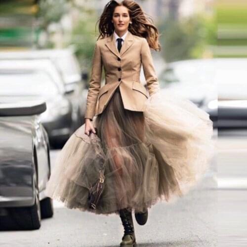 2020 Suit Tulle Skirts Women New Fashion Ruffled Tulle Skirt Long Maxi See Through Sheer Girls Party Prom Dressing Skirt