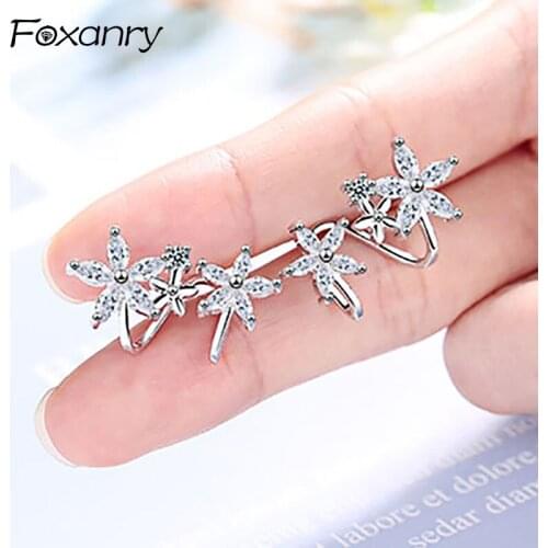 Foxanry Prevent Allergy 925 Sterling Silver Zircon Earrings for Women Couples Fashion Geometric Earring Party Jewelry Accessorie