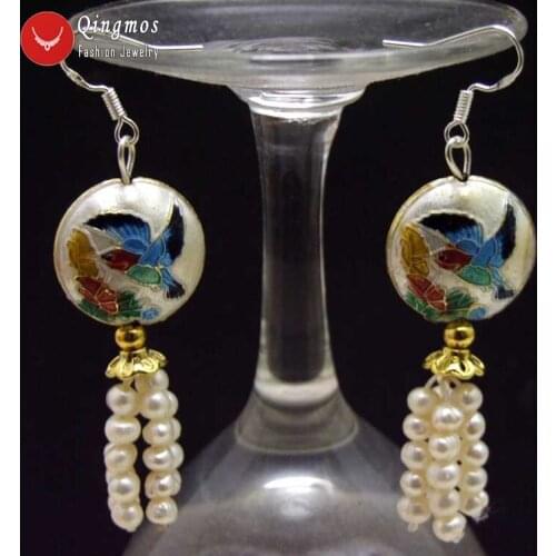 Qingmos Natural 4-5mm White Pearl Earrings for Women with White Cloisonne Coin Beads & Cloisonne Hummer Dangle 2.5'' Earring 587