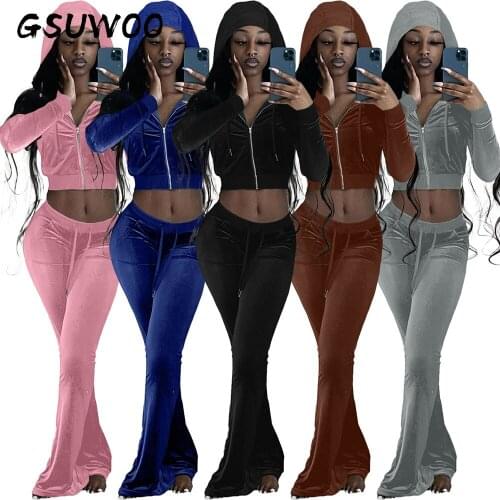 Gsuwoo Sports Casual Long Sleeve Velvet Sets Women Autumn Spring Zipper Coats with Pockets and Wide Leg Pants 2pcs Tracksuit