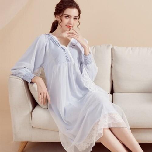 European / American Long-sleeved Nightgowns Court Sweet and Lovely Princess Night Dress Women Viscose V-Neck Summer Sleep Tops