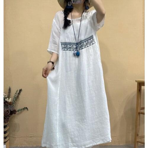 Women Loose Retro Ramie Patchwork Dress Ladies Vintage Loose Summer Dress Female 2021 Dress