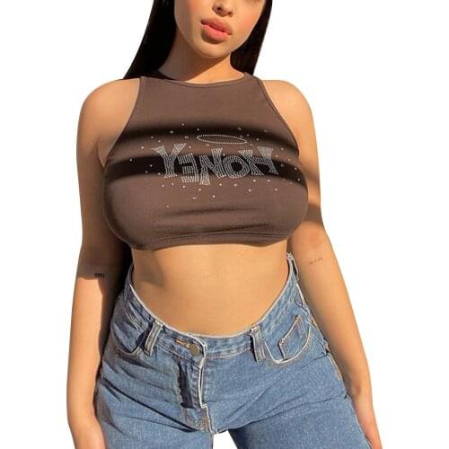 2021 New Womens Casual Tank Tops, Shiny Rhinestone Sleeveless Crew Neck Slim Fit Crop Tops Fashion All-match