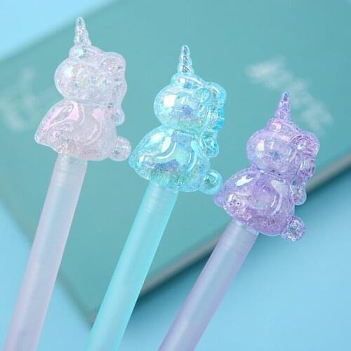 24Pcs/Lot Korean Colored Cute Pens Crystal Unicorn Laser Glitter Funny Kawaii Rollerball Ballpoint Stationery School Goods Gift