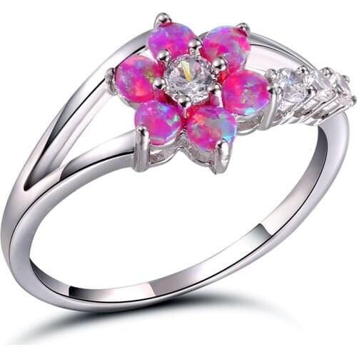 AMORUI Pink Opal Natural Stone Women Rings Cute/Romantic AAA Zircon Flower Shaped Druzy Silver Color Copper Rings