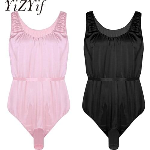 YiZYiF Fetish Men lingerie bodysuit One-Piece Shiny Satin Sissy Bodysuit Lingerie Sleeveless Open Sheath Nightwear Sleepwear