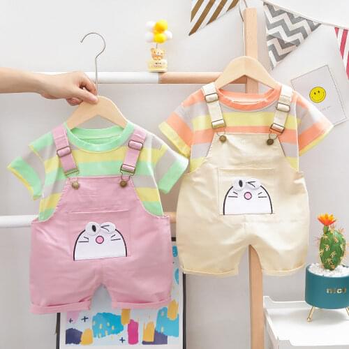 Children Fashion Summer Cotton Baby Boys Girls Clothes Stripe Rainbow T Shirts overalls bib pants 2Pcs/sets Infant Out Kids sets