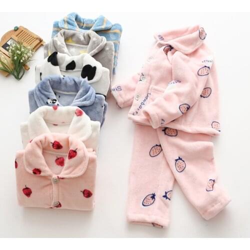 Childrens Pajamas Autumn and Winter Flannel Girls Pajamas Two-piece Child Boy Coral Fleece Home Clothes Suit
