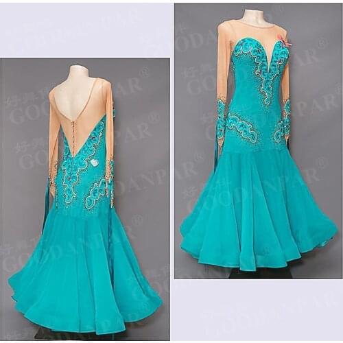 GOODANPAR Women long sleeve Ballroom Dance Competition Dress With bodysuit bra cups Stretch Mesh Lycra Organza Waltz Dance Wear