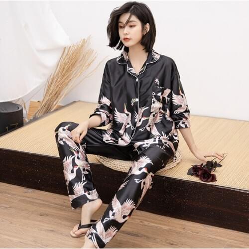 IZICFLY Summer Autumn Black Print Floral pijama Faux Silk Sleepwear Satin night suits Pyjamas Women homewear -2 Pieces