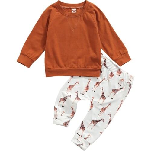 2Pcs Little Girls Boys Outfit, Spring Autumn Solid Color Long Sleeve Round Collar Hoodie + Little Fawn Printing Trousers Set