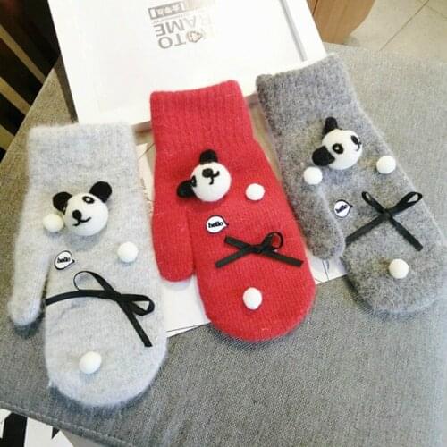 Korean Gloves black and white panda cute rabbit fur warm women knit mittens gloves autumn and winter Accessories
