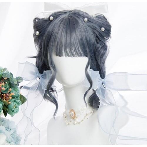 CosplayMix 32CM Lolita Cute Ombre Short Curly Bob Gray Blue Indigo Bangs Heat Resistant Party Synthetic Hair Cosplay Wig+Cap