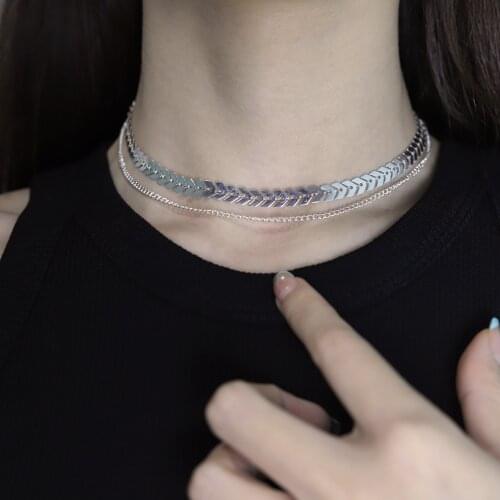 Fashion Choker Necklace Fishbone Shape Elegant Sequins Necklace Womens Neck Chain Party Double Layer Necklace Costume Jewelry